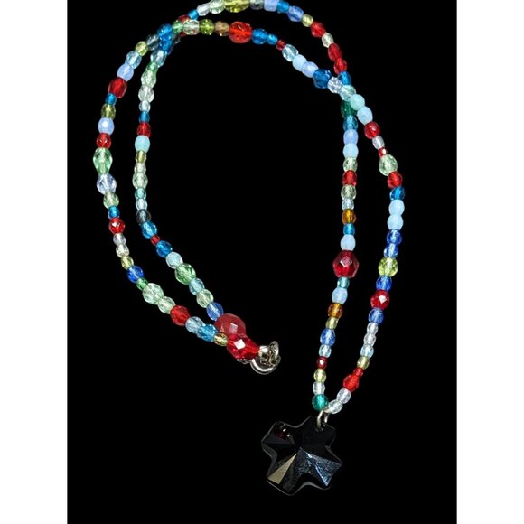 Handmade Rainbow Glass Beaded Cross Necklace - Picture 1 of 5